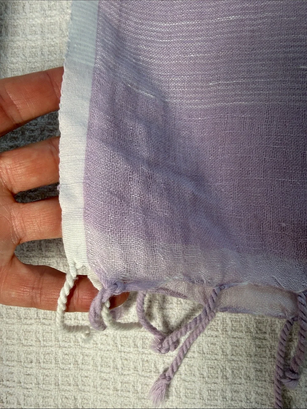Lavender light purple, lilac linen scarf with white trim and fringe